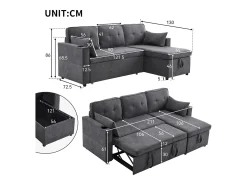 Sofá-cama de canto de 3 lugares com suporte para copos e espaço de arrumação - Tecido de algodão e linho cinzento