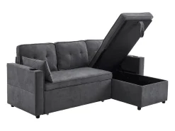 Sofá-cama de canto de 3 lugares com suporte para copos e espaço de arrumação - Tecido de algodão e linho cinzento
