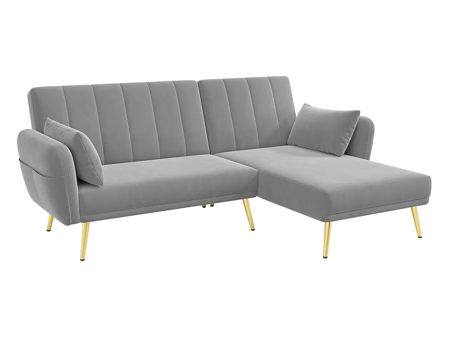 Sofá-cama de canto de 3 lugares com chaise longue e encosto ajustável - Veludo cinzento