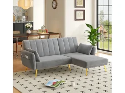Sofá-cama de canto de 3 lugares com chaise longue e encosto ajustável - Veludo cinzento