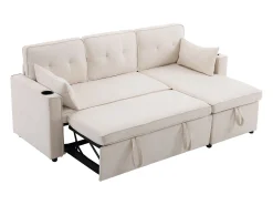Sofá-cama de canto de 3 lugares com suporte para copos e espaço de arrumação - Tecido de algodão e linho bege