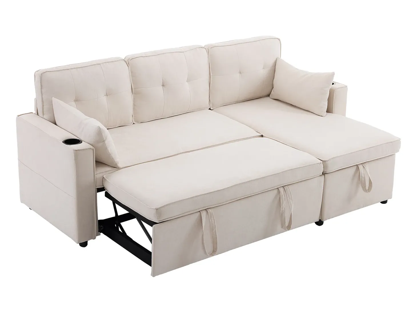 Sofá-cama de canto de 3 lugares com suporte para copos e espaço de arrumação - Tecido de algodão e linho bege