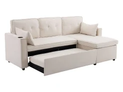 Sofá-cama de canto de 3 lugares com suporte para copos e espaço de arrumação - Tecido de algodão e linho bege