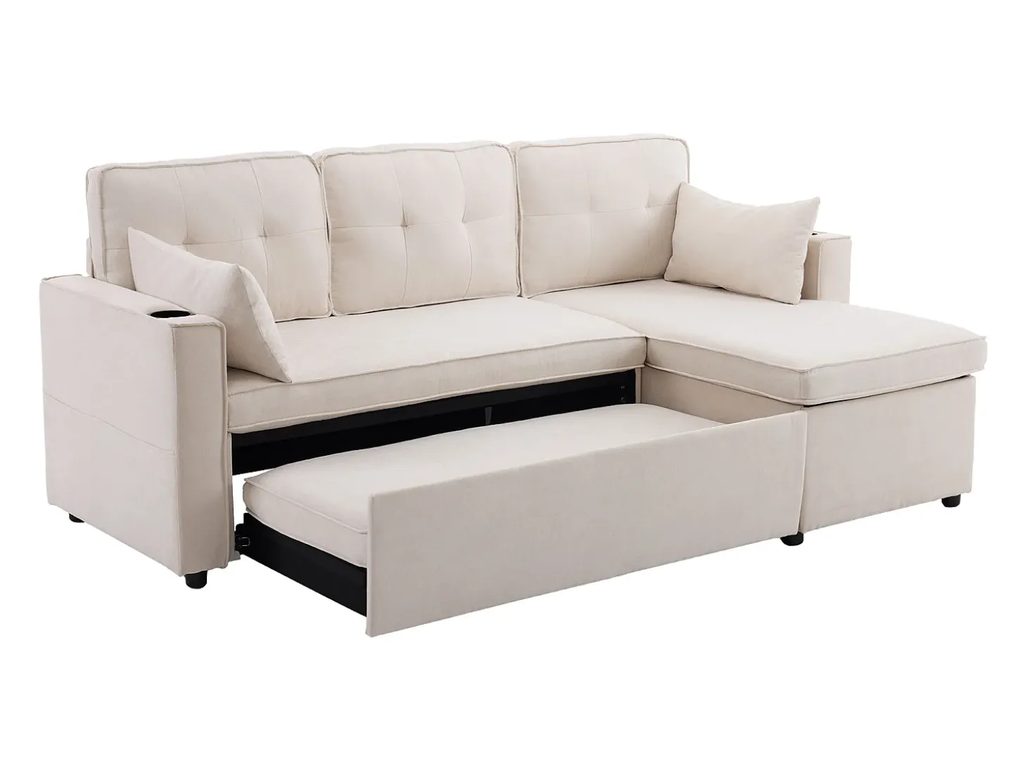 Sofá-cama de canto de 3 lugares com suporte para copos e espaço de arrumação - Tecido de algodão e linho bege