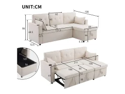 Sofá-cama de canto de 3 lugares com suporte para copos e espaço de arrumação - Tecido de algodão e linho bege