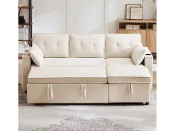 Sofá-cama de canto de 3 lugares com suporte para copos e espaço de arrumação - Tecido de algodão e linho bege