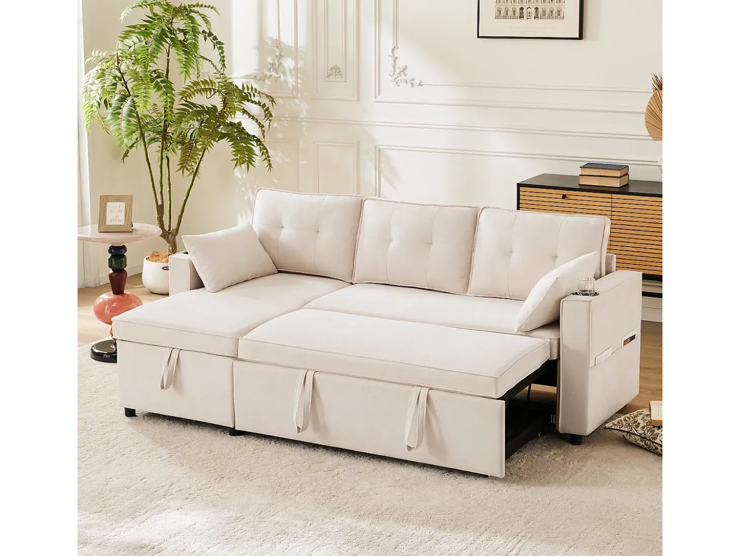 Sofá-cama de canto de 3 lugares com suporte para copos e espaço de arrumação - Tecido de algodão e linho bege