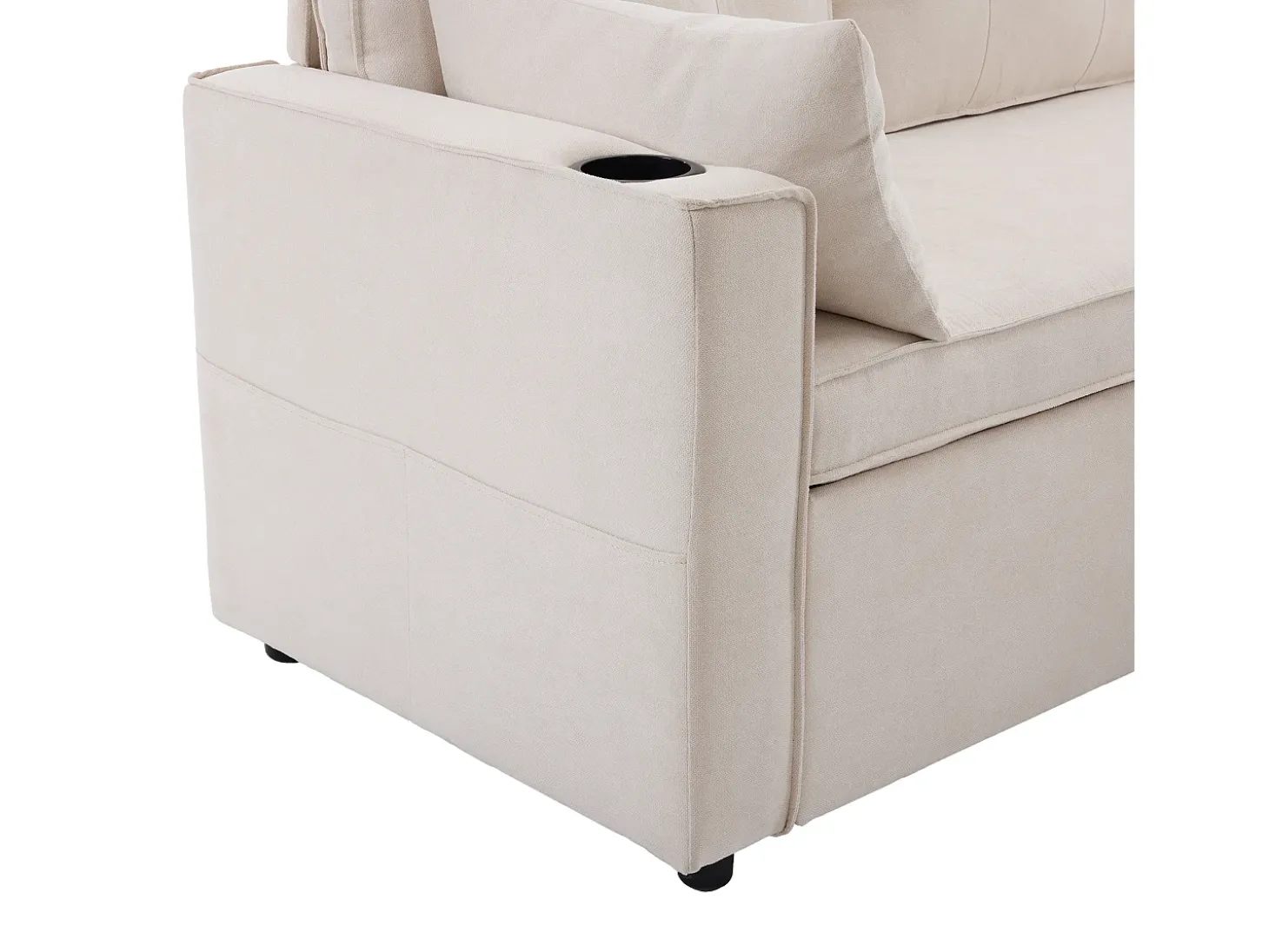 Sofá-cama de canto de 3 lugares com suporte para copos e espaço de arrumação - Tecido de algodão e linho bege