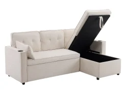 Sofá-cama de canto de 3 lugares com suporte para copos e espaço de arrumação - Tecido de algodão e linho bege