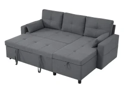 Sofá-cama de canto de 3 lugares em linho cinzento - Com compartimento de arrumação e suporte para copos embutido.