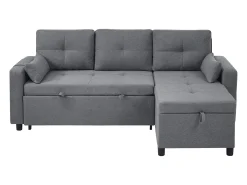 Sofá-cama de canto de 3 lugares em linho cinzento - Com compartimento de arrumação e suporte para copos embutido.