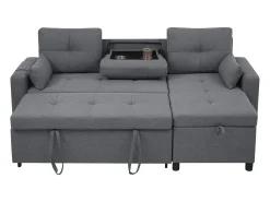 Sofá-cama de canto de 3 lugares em linho cinzento - Com compartimento de arrumação e suporte para copos embutido.