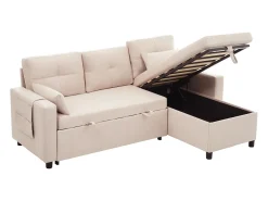 Sofá-cama de canto de 3 lugares em linho bege - Com compartimento de arrumação e suporte para copos embutido.