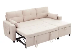 Sofá-cama de canto de 3 lugares em linho bege - Com compartimento de arrumação e suporte para copos embutido.