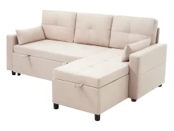 Sofá-cama de canto de 3 lugares em linho bege - Com compartimento de arrumação e suporte para copos embutido.