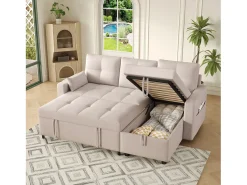 Sofá-cama de canto de 3 lugares em linho bege - Com compartimento de arrumação e suporte para copos embutido.