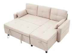 Sofá-cama de canto de 3 lugares em linho bege - Com compartimento de arrumação e suporte para copos embutido.
