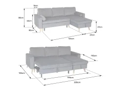Sofá-cama de canto de 3 lugares JAMES em veludo azul