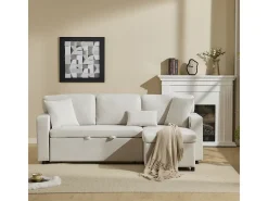 Sofá-cama de canto em formato de L com espaço de armazenamento e prateleira, bege