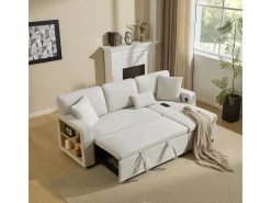 Sofá-cama de canto em formato de L com espaço de armazenamento e prateleira, bege