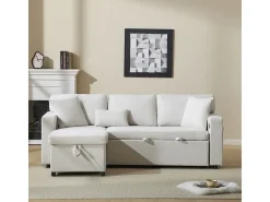 Sofá-cama de canto em formato de L com espaço de armazenamento e prateleira, bege