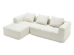 Sofá-cama de canto em tecido Chenille - 3 lugares - com 3 almofadas - Bege - 250x158x60cm
