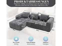 Sofá-cama de canto em tecido Chenille - 3 lugares - com 3 almofadas - Cinza - 250x158x60cm