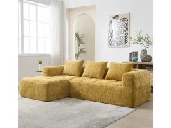 Sofá-cama de canto em tecido Chenille - 3 lugares - com 3 almofadas - Amarelo - 250x158x60cm