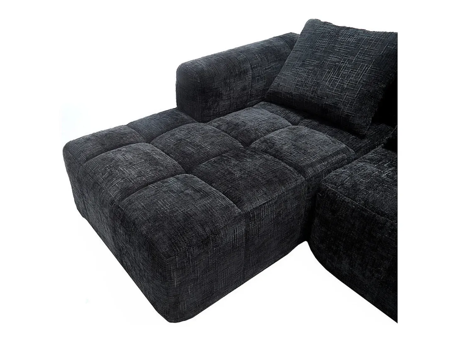 Sofá-cama de canto em tecido Chenille - 3 lugares - com 3 almofadas - Preto - 250x158x60cm