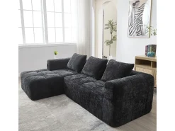 Sofá-cama de canto em tecido Chenille - 3 lugares - com 3 almofadas - Preto - 250x158x60cm