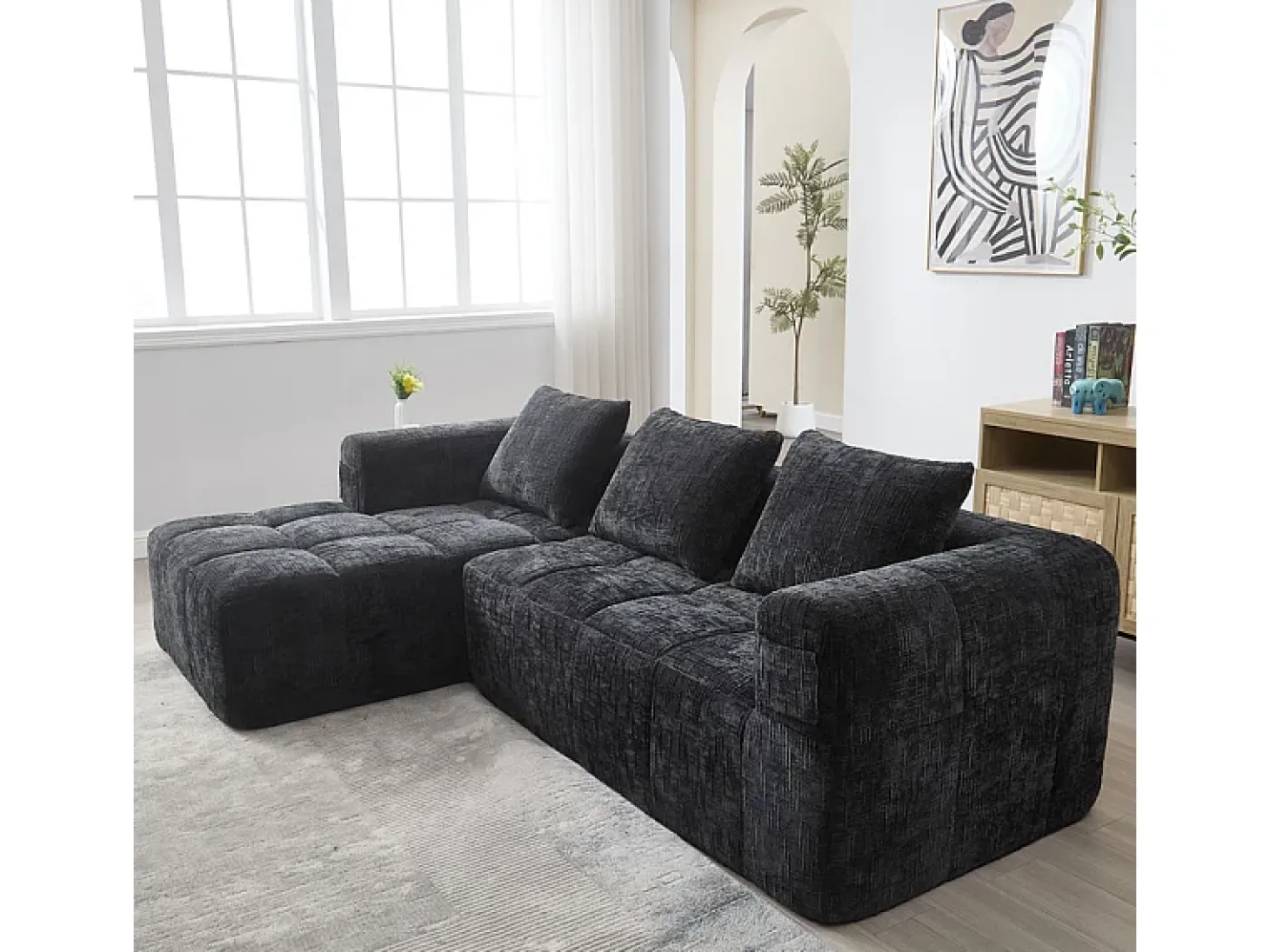 Sofá-cama de canto em tecido Chenille - 3 lugares - com 3 almofadas - Preto - 250x158x60cm