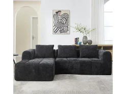 Sofá-cama de canto em tecido Chenille - 3 lugares - com 3 almofadas - Preto - 250x158x60cm