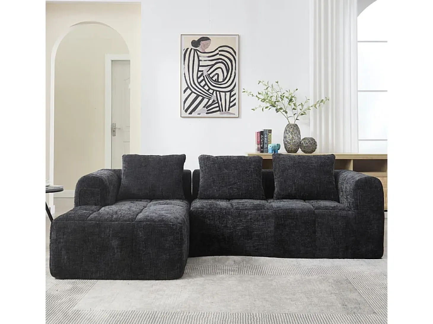 Sofá-cama de canto em tecido Chenille - 3 lugares - com 3 almofadas - Preto - 250x158x60cm