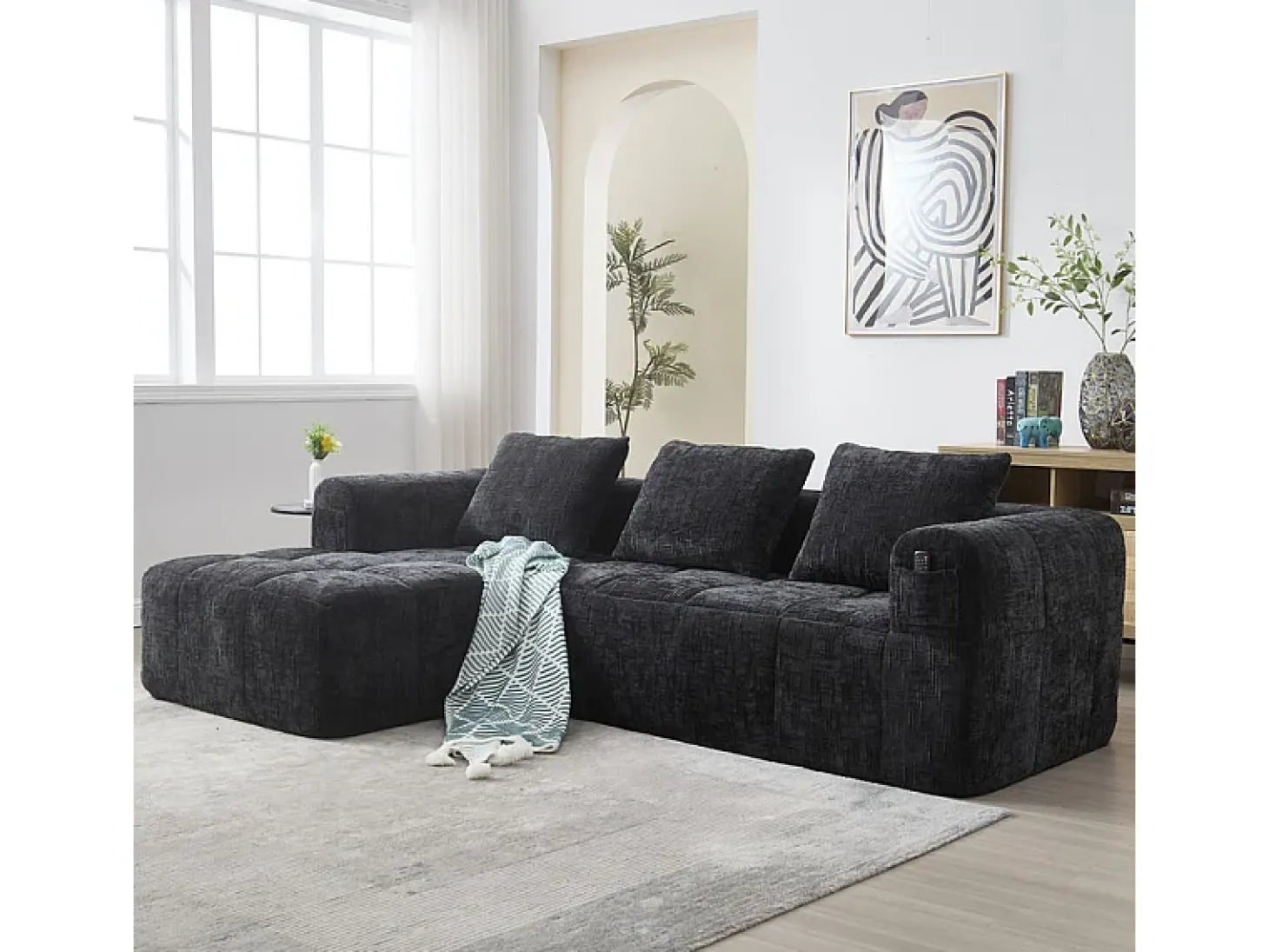 Sofá-cama de canto em tecido Chenille - 3 lugares - com 3 almofadas - Preto - 250x158x60cm