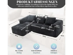 Sofá-cama de canto em tecido Chenille - 3 lugares - com 3 almofadas - Preto - 250x158x60cm
