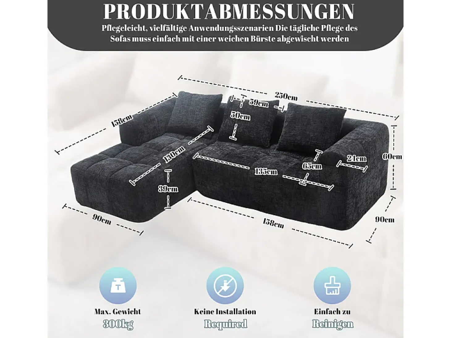 Sofá-cama de canto em tecido Chenille - 3 lugares - com 3 almofadas - Preto - 250x158x60cm