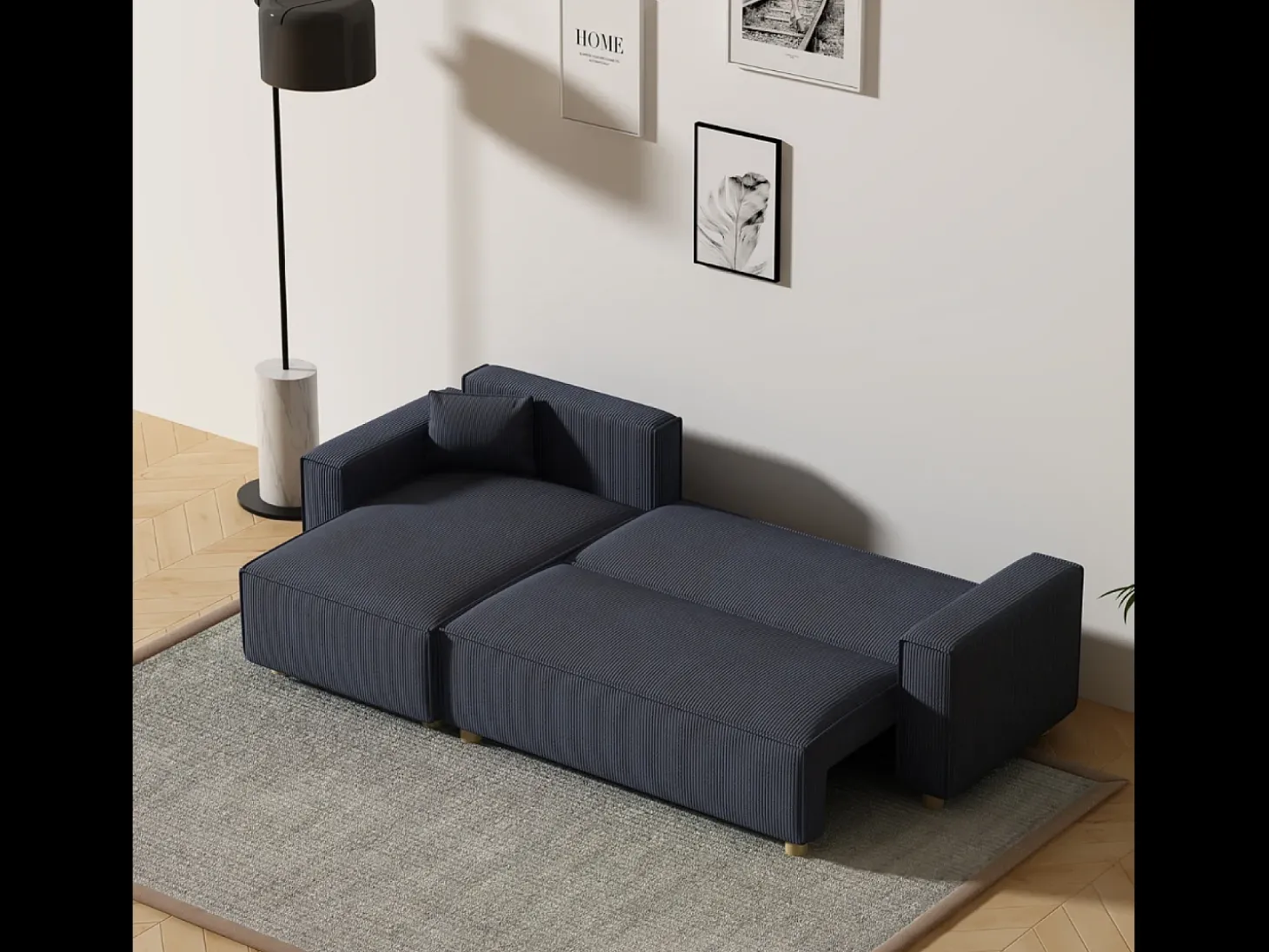 Sofá-Cama de Canto em Veludo Cotelê Azul COSY 4 Lugares