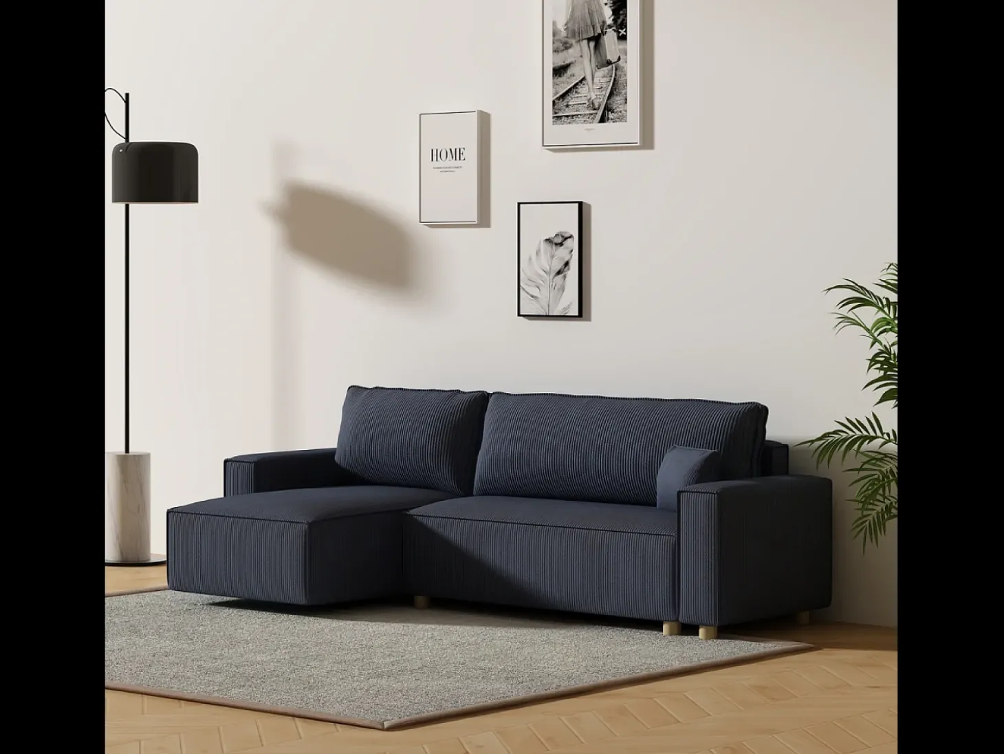 Sofá-Cama de Canto em Veludo Cotelê Azul COSY 4 Lugares
