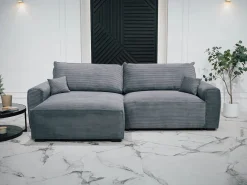 Sofá-Cama de Canto Lauren Cinza 4 Lugares com Armazenamento, Chaise Longue Reversível e Tecido Fácil de Limpar
