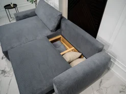 Sofá-Cama de Canto Lauren Cinza 4 Lugares com Armazenamento, Chaise Longue Reversível e Tecido Fácil de Limpar