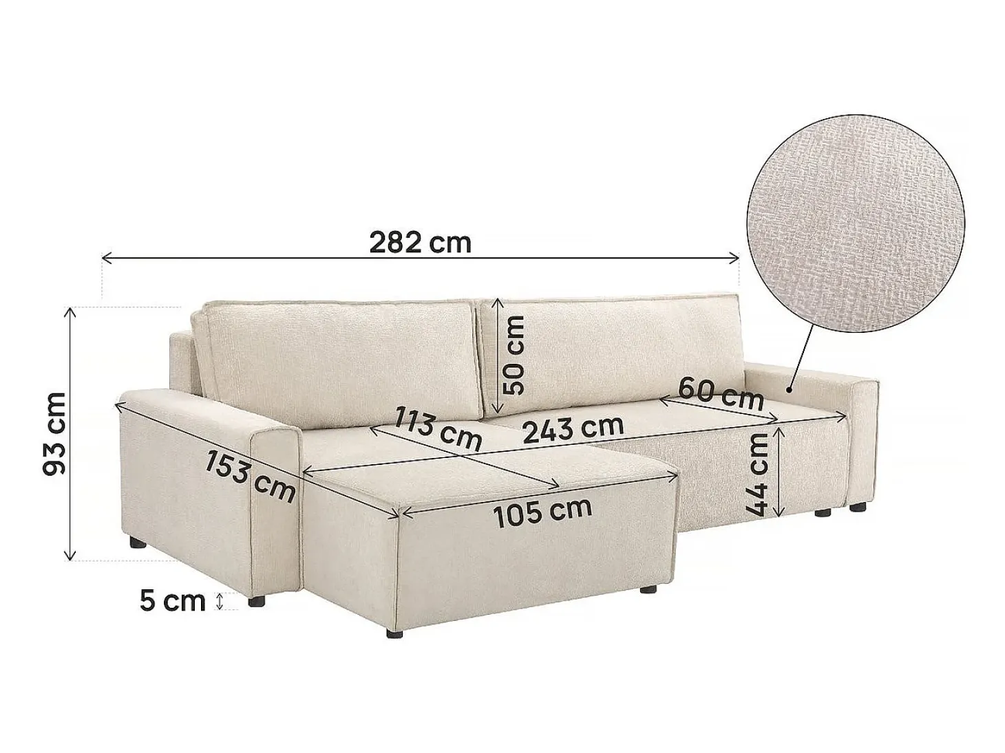 Sofá-cama de canto "Montaigne" em tecido texturado - 4 lugares - Bege