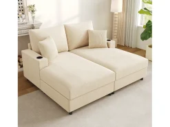 Sofá-cama de casal conversível com entradas USB e porta-copos, bege