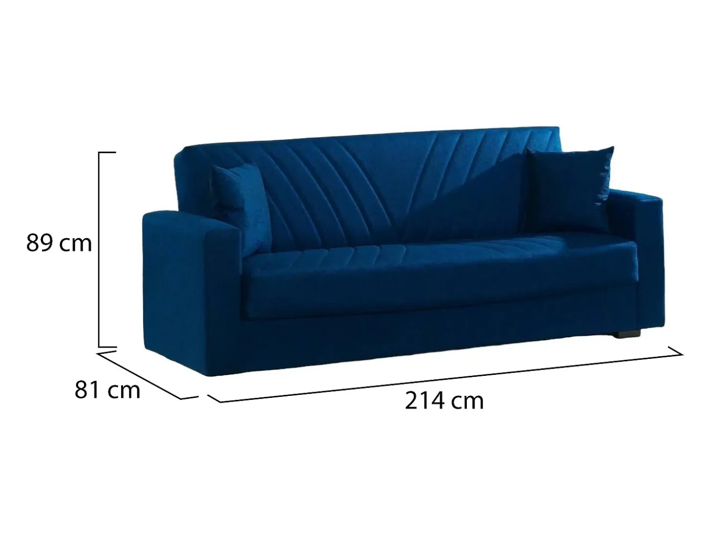 Sofá-cama Dfoat, ofá-cama container linear de 3 lugare com 2 almofada incluída, Sofá da ala em tecido acolchoado com abertura click-clack, 214x81xh89 cm, Azul