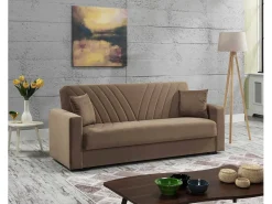 Sofá-cama Dfoat, ofá-cama container linear de 3 lugare com 2 almofada incluída, Sofá da ala em tecido acolchoado com abertura click-clack, 214x81xh89 cm, Bege
