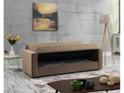 Sofá-cama Dfoat, ofá-cama container linear de 3 lugare com 2 almofada incluída, Sofá da ala em tecido acolchoado com abertura click-clack, 214x81xh89 cm, Bege
