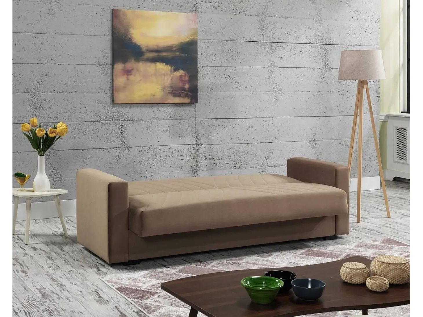 Sofá-cama Dfoat, ofá-cama container linear de 3 lugare com 2 almofada incluída, Sofá da ala em tecido acolchoado com abertura click-clack, 214x81xh89 cm, Bege