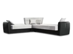 Sofá-cama Dgytkjæ, Sofá-cama de canto em couro ecológico e tecido, Sofá da sala com abertura click-clack e península reversível, 305x238h91 cm, Preto e Cinza Claro