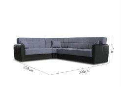 Sofá-cama Dgytkjæ, Sofá-cama de canto em couro ecológico e tecido, Sofá da sala com abertura click-clack e península reversível, 305x238h91 cm, Preto e Cinza