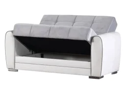 Sofá-cama Dlobuon, Sofá-cama container de canto em couro ecológico e tecido, Sofá da ala com abertura click-clack e penínula reverível, 163x84h91 cm, Branco e Cinza