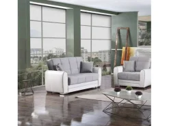 Sofá-cama Dlobuon, Sofá-cama container de canto em couro ecológico e tecido, Sofá da ala com abertura click-clack e penínula reverível, 163x84h91 cm, Branco e Cinza